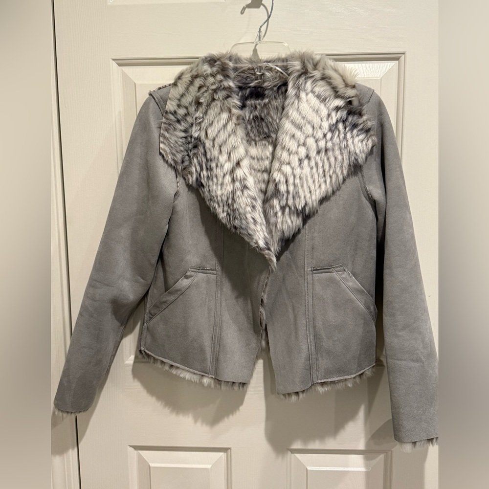 Marrakech Gray Faux Suede Women's Jacket with Faux Fur Collar & Lining